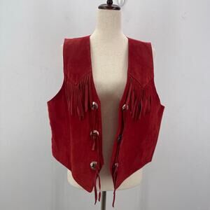 VTG Rock Creek Red Fringe Leather Suede Vest Large Festival Cowgirl Hippie Ranch